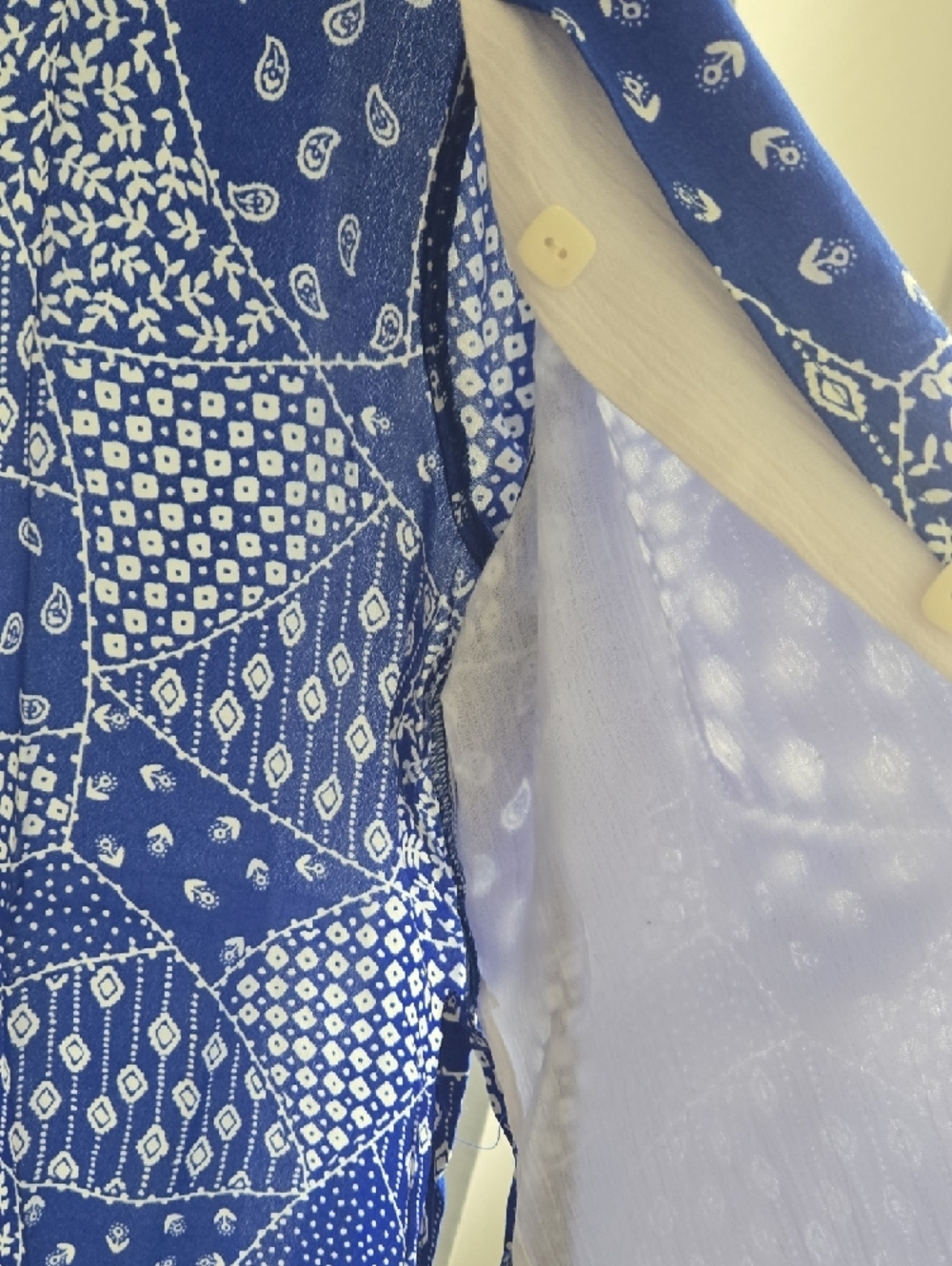 Adolfo Blue Patchwork Print Short Sleeve Button-Down with White Placket - Picture 10 of 13